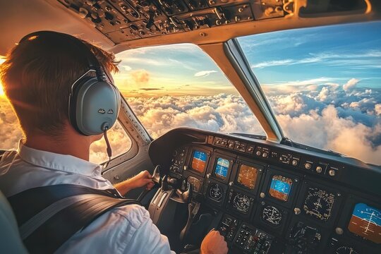 Pilot in the cockpit of a plane flying above the clouds at sunset.