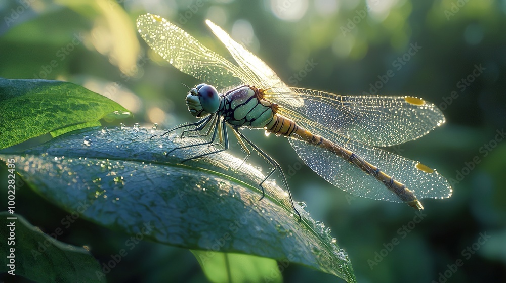 Poster a macro of a dragonfly on a leaf with dew on its wings