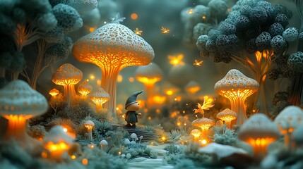A curious gnome exploring a forest filled with glowing mushrooms, surrounded by magical creatures like fairies and fireflies, paper-cut trees with intricate details, soft light illuminating the scene,