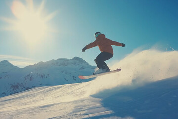 Flying snowboarder soaring above snow-covered mountains, capturing the thrill of extreme winter sports, with dynamic motion and snow trails