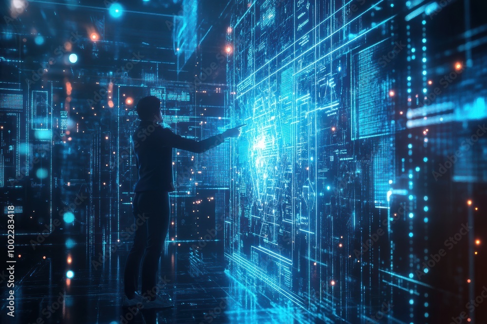 Poster a professional engages with floating holographic data and neural network patterns in a futuristic di