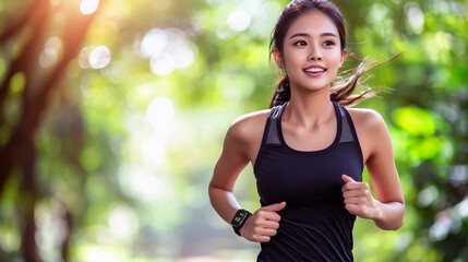 An Energetic Asian Young Woman Running Outdoors, Embracing the Fresh Air and Freedom