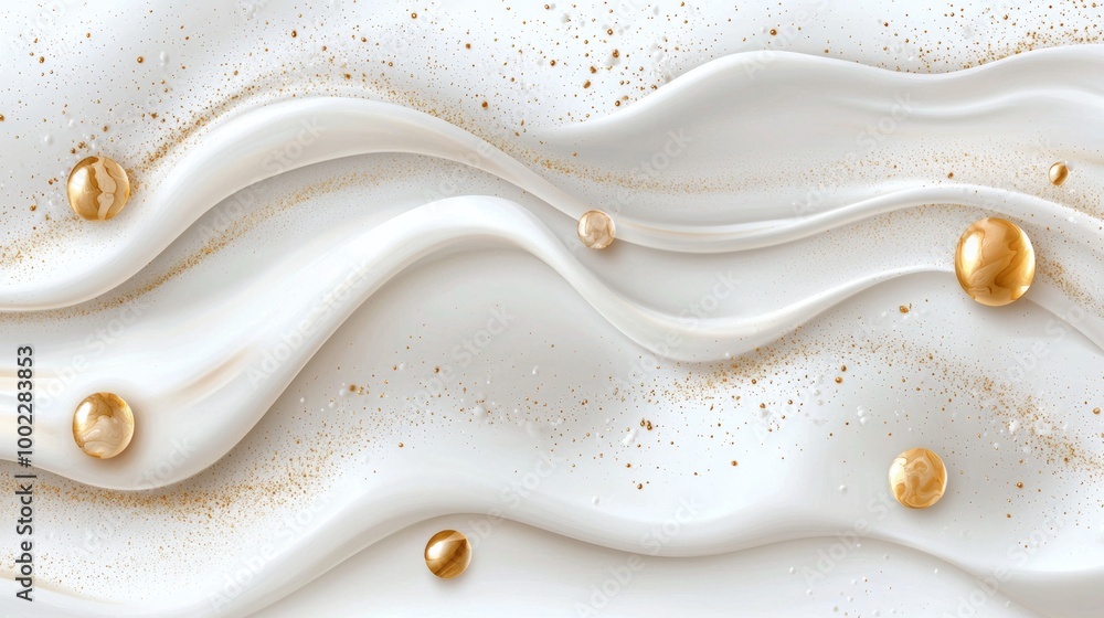 Poster flowing white and gold lines create an abstract background