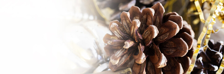 Different Christmas decoration, golden balls, pinecone y etc for festive banner with copy space