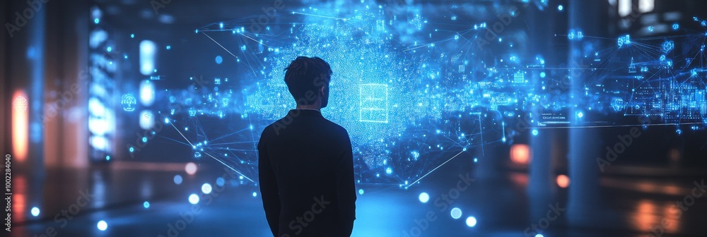 Poster A professional engages with advanced holographic data in a futuristic workspace, exploring neural networks in real-time. Generative AI
