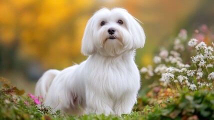 Fluffy white dog in garden with flowers, autumn colors