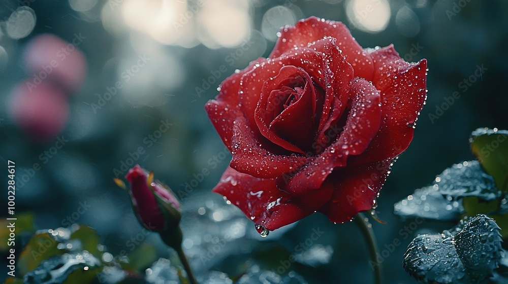 Poster a sharp image of a red rose with water droplets on its petals and a soft focus background