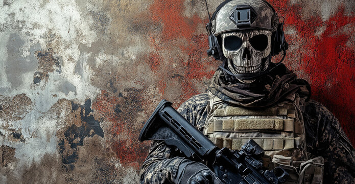 Soldier in skull mask holding firearm urban setting