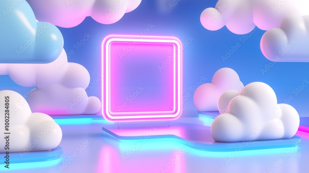 Poster the background is a 3d render of a minimalist geometric pattern illuminated by neon rhombus frames g