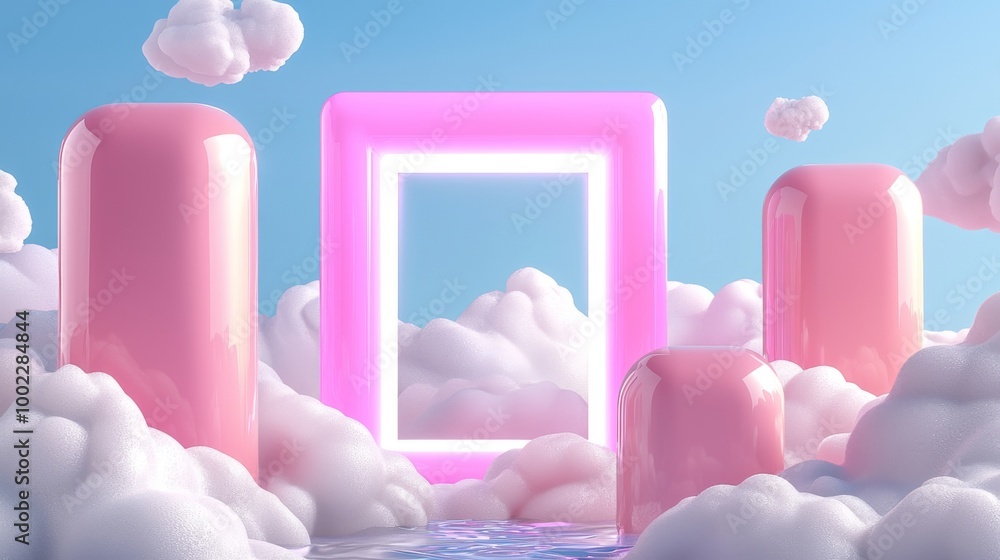 Poster an abstract minimalist geometric background with an illuminated cloud and neon rhombus frame glowing