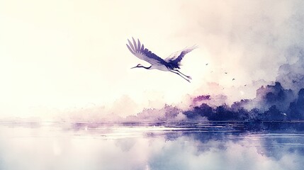 Obraz premium Watercolor depiction of a soaring bird above a serene lake, set against backdrop of wispy clouds
