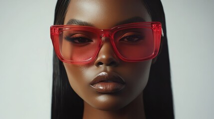 Close-up of a model wearing large stylish red sunglasses, showcasing fashion accessories and modern eyewear trends.