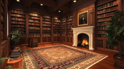 Obraz premium A polished library with custom oak bookshelves