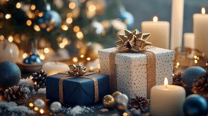 Warm Christmas background with gifts near to Christmas tree and fireplace and cones