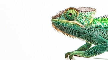 Obraz premium A green and yellow chameleon close-up on a white background, lit by a background light