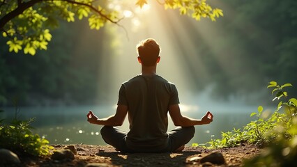 A man practicing mindfulness and meditation or yoga in a peaceful natural environment realistic image
