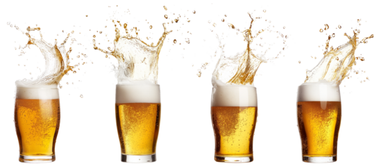 Ice cube falling down. Glass with chill foamy lager beer isolated on transparent background. Splashes. Concept of alcohol, Oktoberfest, drinks, holidays and festivals.