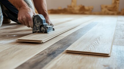 Close-up of a person installing hardwood flooring with a saw, showcasing craftsmanship and precision in home renovation and interior design work.