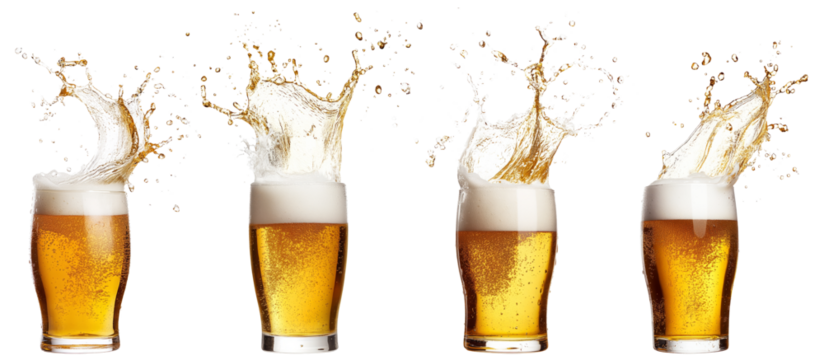 Ice cube falling down. Glass with chill foamy lager beer isolated on transparent background. Splashes. Concept of alcohol, Oktoberfest, drinks, holidays and festivals. - Powered by Adobe