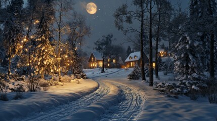 Snowy Forest Path Leading to Illuminated Cottages Under a Full Moon