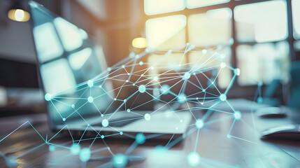 Futuristic digital network connecting devices in a modern office environment, woman working on laptop