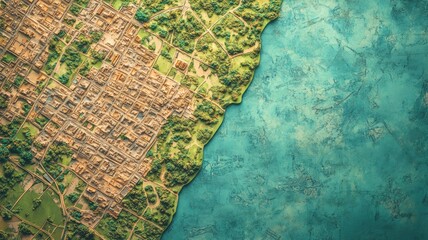 3D aerial view of coastal city with detailed terrain features
