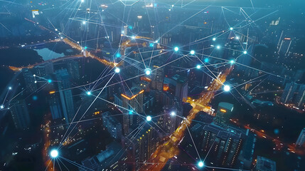 Aerial View of a Connected City Network with Digital Nodes and Light Trails at Night