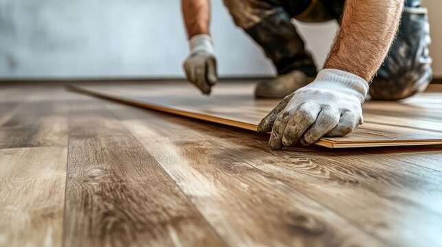 Close-up of a worker installing wood laminate flooring, showcasing detail and craftsmanship in home renovation or construction.