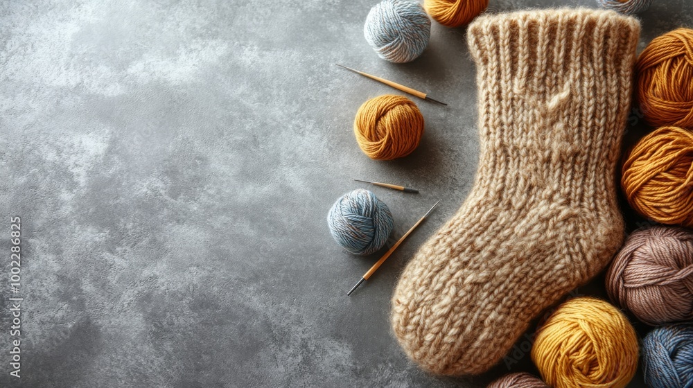 Poster knitted sock with colorful yarn and tools on a textured surface in a craft workspace