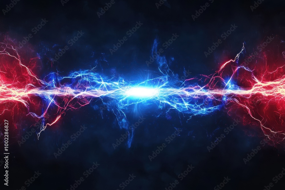 Poster electric arcs collide in vibrant colors, creating a dynamic visual display of energy and motion