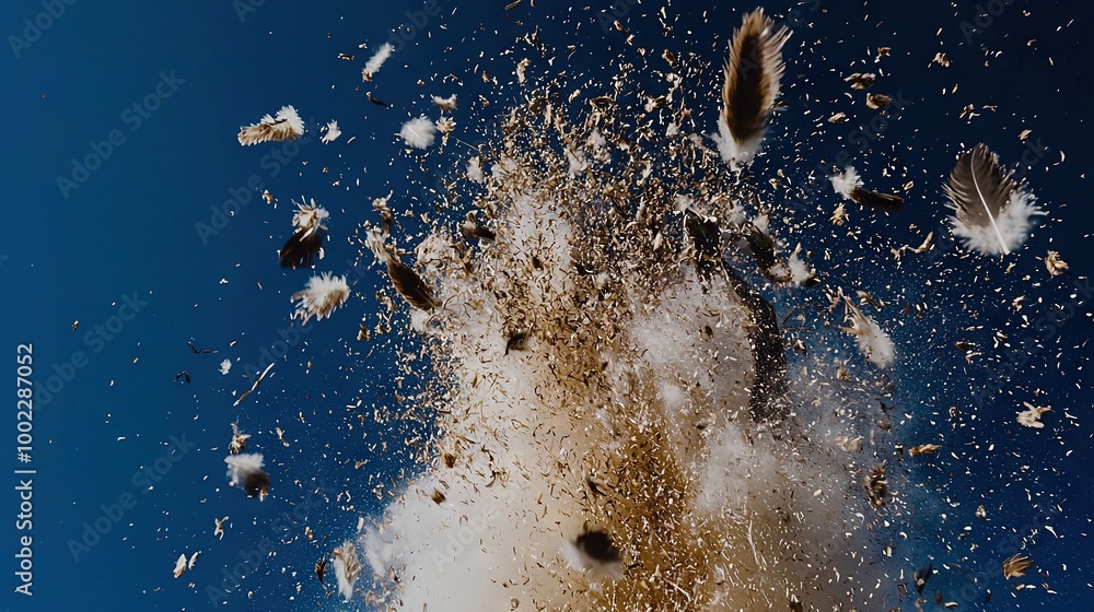 Poster a flock of birds soaring through the sky with clouds of dust trailing behind them