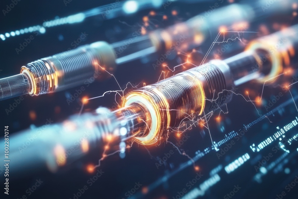 Aufkleber close-up view of electrical components with glowing effects and digital elements in a dark setting