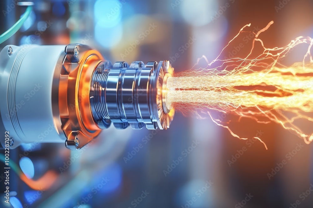 Poster high-tech engine component producing electric sparks in a futuristic laboratory setting