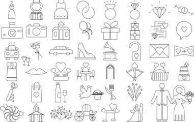 Wedding icon set for logo and T-Shirt. Thin line art editable stroke.
