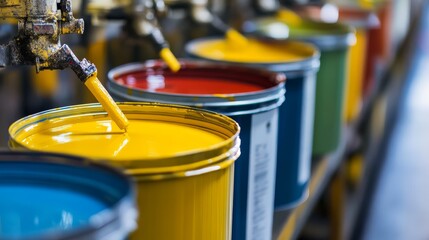 Close-up of colorful paint cans in a row at a manufacturing plant, showcasing vibrant industrial paint production and creativity.