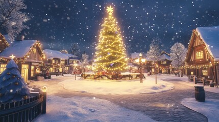 Fototapeta premium Snowy Christmas Village Square with a Glowing Tree