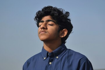 Obraz premium Man in blue shirt enjoying fresh air with eyes closed.