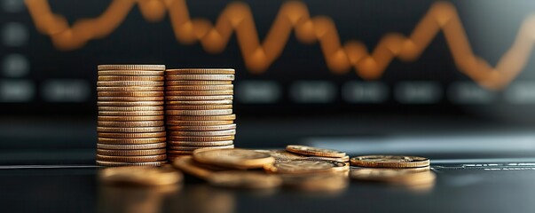 Falling stack of coins in front of a graph showing declining currency rates, symbolizing financial instability