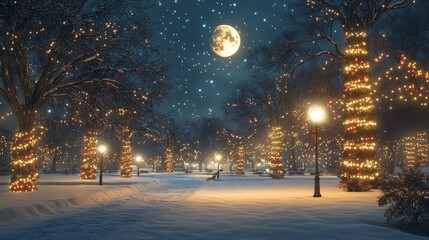 Obraz premium Snowy Night Scene with Decorated Trees and Full Moon