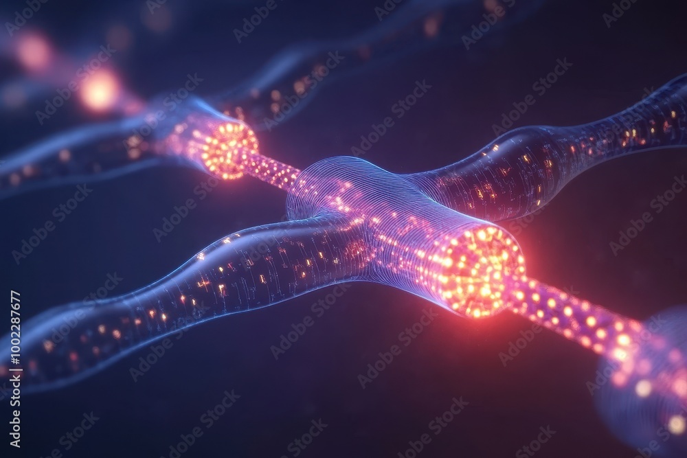 Poster intricate 3d representation of a neuron showing synapse connections illuminated in a vibrant color p