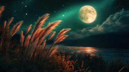 Full moon and Japanese pampas grass in midnight,The harvest Miscanthus sinensis and full moon,beautiful night sky in the countryside with the perfect moon exudes beauty in the dark.