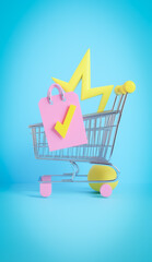 Dynamic 3D render of a shopping cart with a yellow star-shaped symbol and a pink bag on a blue gradient background, highlighting modern retail and digital shopping experiences.
