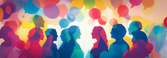 People in vibrant colors and overlapping speech bubbles, symbolizing communication and social interaction. The scene is rendered with a wate