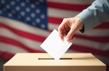 Hand holding ballot box. Close up, white skin female hands throwing a ballot into a ballot box. US flags in the background. Patriotic voting concept.