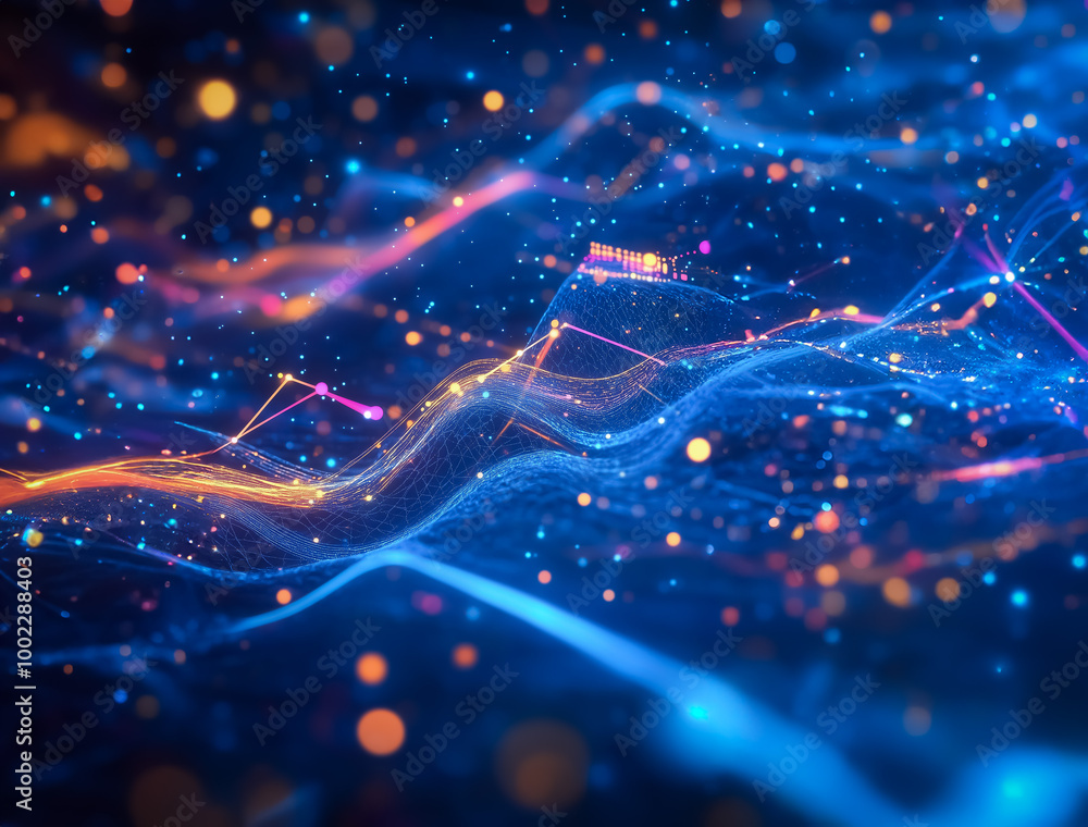 Poster dynamic digital artwork featuring a data stream with glowing blue and orange particles, showcasing f