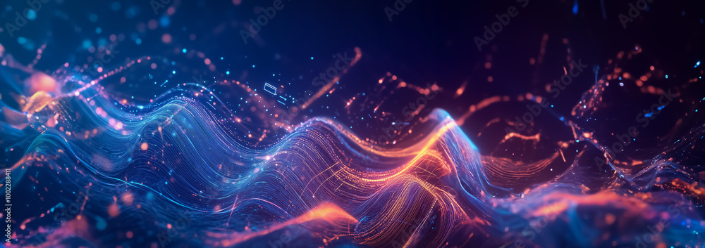 Poster high-tech digital illustration of swirling data particles in blue and orange hues, representing adva