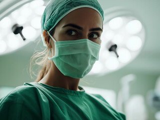 Profile of a surgeon in a green surgical gown and mask, standing in the operating room under bright lights, focused on a medical procedure