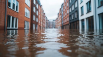 Fototapeta premium Flooded streets in a modern city, with water overtaking buildings, symbolizing extreme weather events and sea-level rise