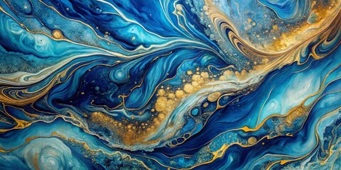 Abstract Blue and Gold Swirls A Fluid Acrylic Painting of Cosmic Landscapes