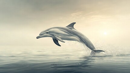 Fototapeta premium A dolphin jumping in front of a cloudy sky with sunlight filtering through the clouds above the water